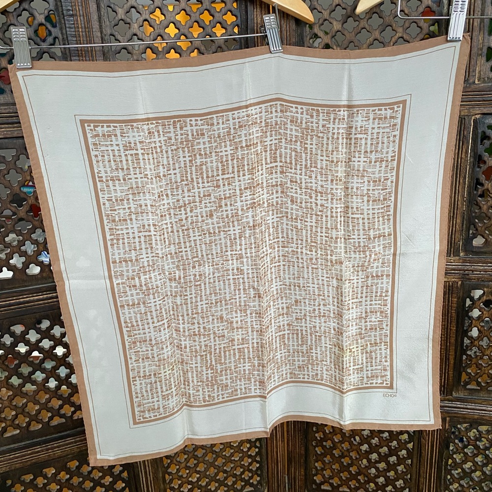Vintage Echo 100% Silk Scarf Tan and Cream Classic Size Lightweight Breathable